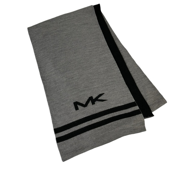 Michael Kors Big MK Bottom Stripe Knit Muffler Scarf, Gray with Black - Picture 1 of 4